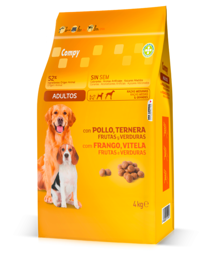 Compy with Chicken, Veal, Fruits and Vegetables. Complete food for adult dogs of medium and large breeds.